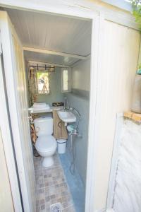 a small bathroom with a toilet and a sink at Traditional family villa southern lefkada in Sívros +18 photos