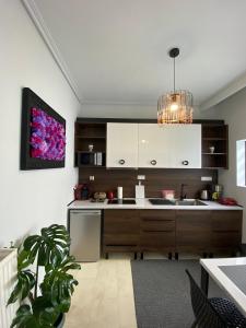 a kitchen with white cabinets and a potted plant at URBAN MAISON in Larisa