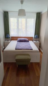ein Schlafzimmer mit einem großen Bett und einem Fenster in der Unterkunft Moderne und schöne Wohnung in Graz