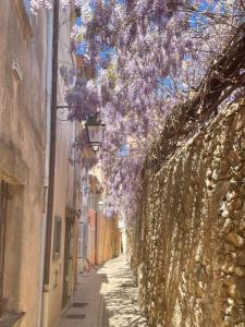 an alley with purple flowers hanging from a building at Grand studio neuf à 50 m du port in Saint-Tropez