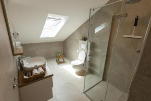 uma casa de banho com uma cabina de duche em vidro e um WC. em Rooms & Apartment Perak em Kutjevo