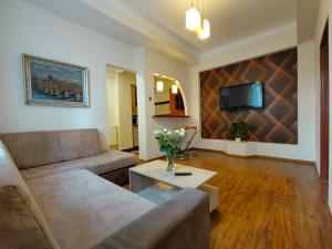 - un salon avec un canapé et une télévision dans l'établissement Willa Flora, à Krynica-Zdrój