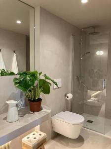 een badkamer met een toilet, een douche en een plant bij Céntrico con jardín en Santander in Santander