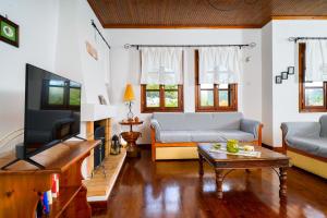 uma sala de estar com um sofá e uma televisão em Villa Nina em Panagia