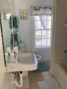 uma casa de banho com um lavatório, um WC e um espelho. em Angie's Guest Cottage em Virginia Beach