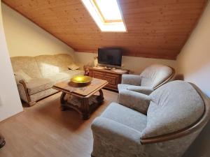 a living room with two chairs and a tv at Didovina House in Vodenjak