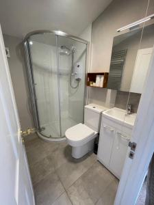 ein Badezimmer mit Dusche, Toilette und Waschbecken in der Unterkunft Morning Sun Apartment Glastonbury in Glastonbury + 8 Fotos