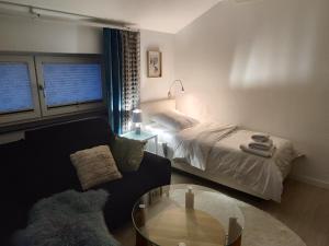 ein Wohnzimmer mit einem Bett und einem Couchtisch in der Unterkunft Komfortzone - stilvolle Gästewohnung in Marburg in Marburg an der Lahn