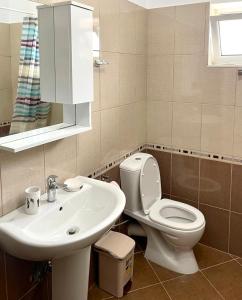 une salle de bain avec toilettes et lavabo dans l'établissement Davi Apartments, à Ksamil