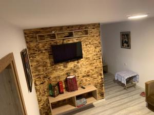 salon z kamienną ścianą i telewizorem z płaskim ekranem w obiekcie Vikendica Banja w mieście Valjevo