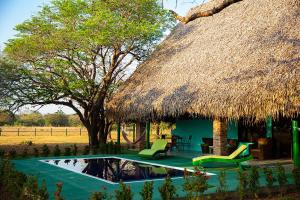 a hut with a swimming pool and a thatch roof at Hato San Pablo in Guayabal