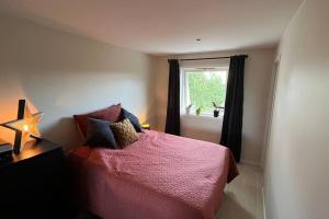 sypialnia z różowym łóżkiem i oknem w obiekcie Nyoppusset 2 roms leilighet til leie på Rykkinn w mieście Bærums Verk