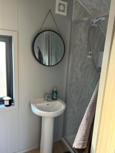 a bathroom with a sink and a shower with a mirror at The Garden Pod with Private Hot Tub in Ballymagan