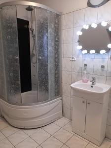 a bathroom with a shower and a sink at Agroturystyka nad stawem Mazuchówka in Wydminy