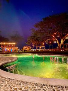 una piscina di acqua verde in un parco di notte di Sunset Hut Hostel a Omoa