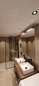 a bathroom with two sinks and a shower at Nyoppusset 2 roms leilighet til leie på Rykkinn in Bærums Verk