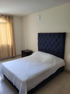 1 dormitorio con 1 cama grande y cabecero azul en Piazza Granada en Cali