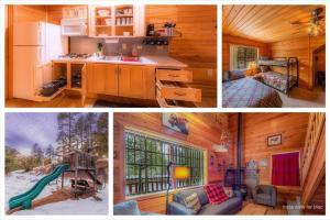 three pictures of a kitchen and a house at Cabin #1 Buffalo Herd -Pet Friendly - Sleeps 6 - Playground & Game Room in Payson
