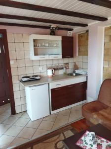 a kitchen with a white refrigerator and a table at Pokoje Inulec in Inulec