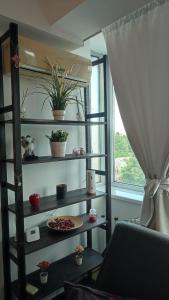 a room with a book shelf with a plate on it at ATCA House in Bucharest