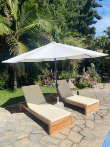 dwa krzesła i parasol na patio w obiekcie Tijarafe 1 w mieście Tijarafe