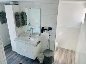 Baño blanco con lavabo y espejo en Apartment Lindenstein en Fritzlar