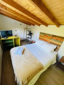 Pucura Eco Lodge في ليكانراي: غرفة نوم بسرير ومكتب مع تلفزيون