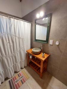 a bathroom with a sink and a mirror and a shower at Rancho la alborada in Los Reartes