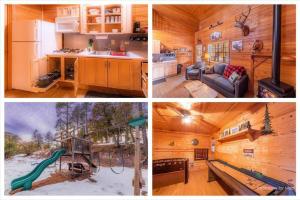 Tres fotos de una cabaña con un tobogán. en Cabin#2 Elk Hallow - Pet Friendly - Sleeps 6 - Playground & Game Room en Payson