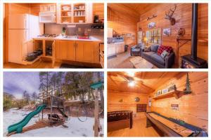three pictures of a cabin with a slide in it at Cabin#2 Elk Hallow - Pet Friendly - Sleeps 6 - Playground & Game Room in Payson