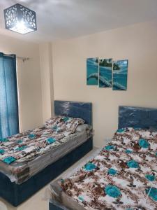 MadinatyにあるQuiet and comfortable place in Madinaty new cairoのベッド2台(サイドサイドサイド)が備わる客室です。