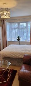 a bedroom with a large bed and a large window at Lovely studio flat in Reading