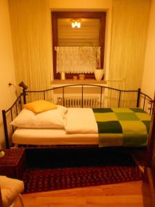 Bett in einem Zimmer mit Fenster in der Unterkunft Tannhäuser Ferienwohnung in Bad Dürrheim