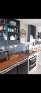 een keuken met een fornuis en een aanrechtblad bij California beachhut chalet in Great Yarmouth