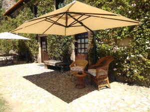 een patio met een parasol, 2 stoelen en een tafel bij Douro Villa with Private Pool in Armamar