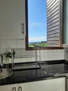 eine Küchentheke mit einem Waschbecken und einem Fenster in der Unterkunft Treasure Roses Private Pool Villa in Armamar