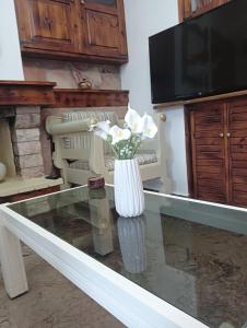 - une table basse en verre avec un vase de fleurs dans l'établissement Ktima Gardenyard, à Artemi