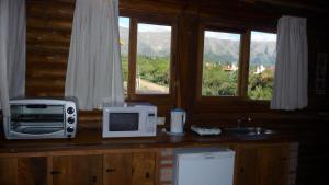 a kitchen with a microwave and a sink and windows at Rincón de los Troncos in Merlo