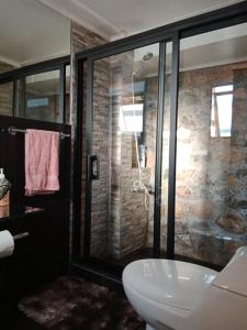 La salle de bains est pourvue de toilettes et d'une douche en verre. dans l'établissement Tu Jardín Secreto, à La Serena