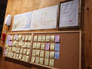 西歸浦的住宿－Soo Stay，墙上的一大堆标签,上面有地图