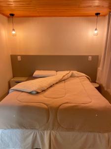 ein Bett in einem Schlafzimmer mit zwei Lichtern darüber in der Unterkunft Loft na Serra Catarinense in São Joaquim