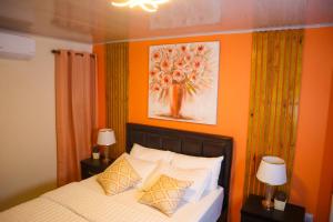 a bedroom with orange walls and a bed with two lamps at Escappé Suites 