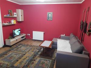 un soggiorno rosso con divano e TV di Floresti Chill&Nature a Floreşti