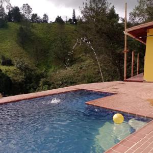 a swimming pool with a water fountain at EcoGranjasYa in El Peñol