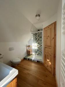 a bathroom with a toilet and a glass shower stall at In der Wassermühle in Melle