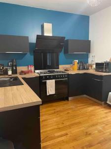 a kitchen with black appliances and a blue wall at Manornella, beaux volumes, grand garage idéal Mas du Clos in Aubusson +10 photos