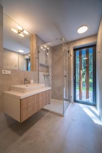 a bathroom with a large sink and a shower at Holiday House U Hájenky 12L Lipno Home in Lipno nad Vltavou