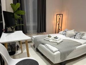 1 dormitorio con 1 cama, escritorio y TV en BienveniDUS - self service apartment - Apartment zur Selbstversorgung - Das Messezimmer - Düsseldorf en Düsseldorf