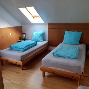 Mosbach的住宿－Ferienhaus Rhönspaß，小客房内的两张床,配有蓝色枕头