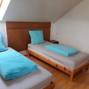 2 Betten in einem kleinen Zimmer mit blauen Kissen in der Unterkunft Ferienhaus Rhönspaß in Mosbach